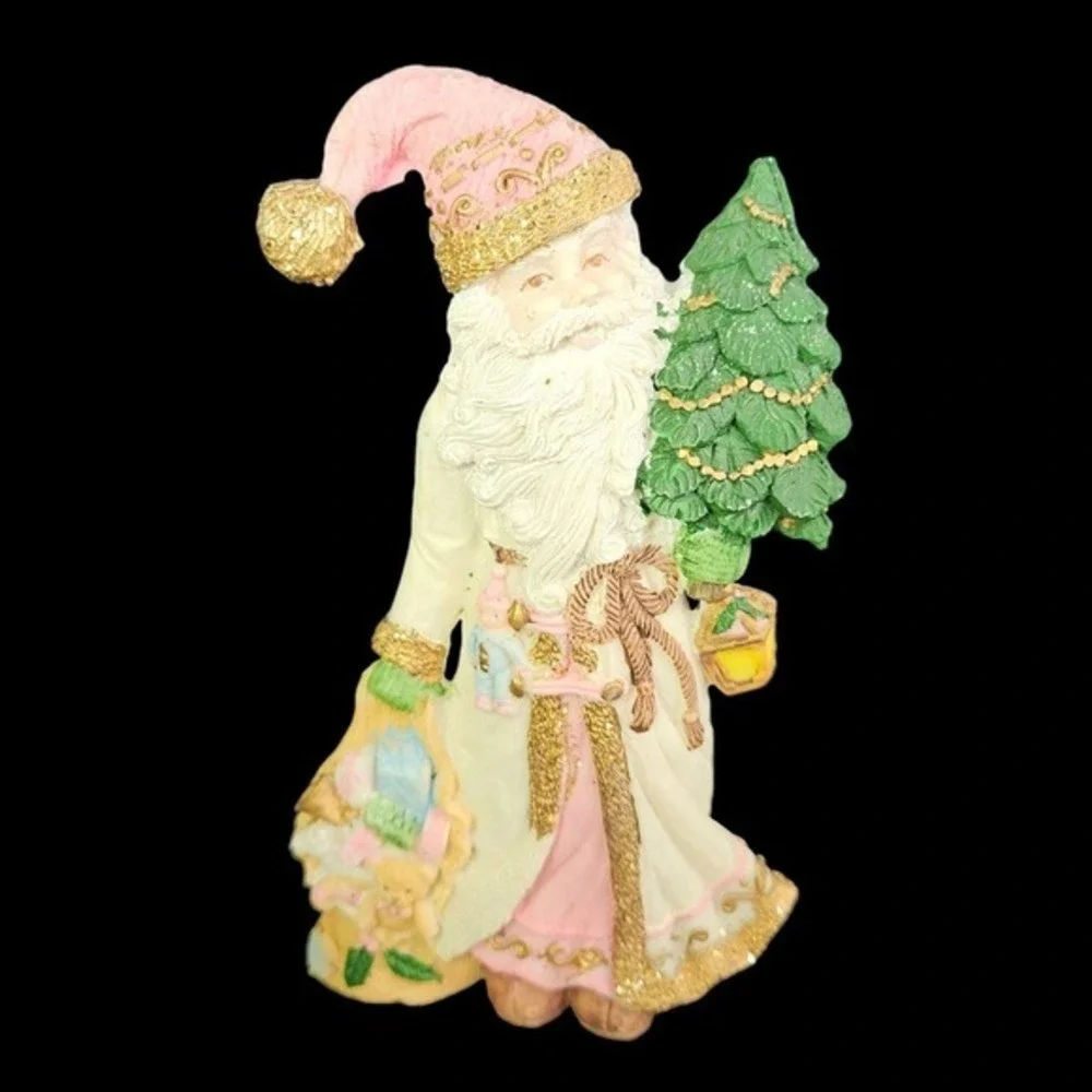 Victorian Santa Claus Figurines Sparkly Christmas Set of 3 Pink‎ Ceramic Vintage
